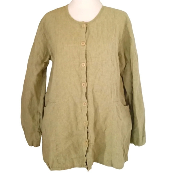 Flax Women's Microgingham Button Front Green Cardigan 100% Linen Pockets Small - Picture 1 of 6